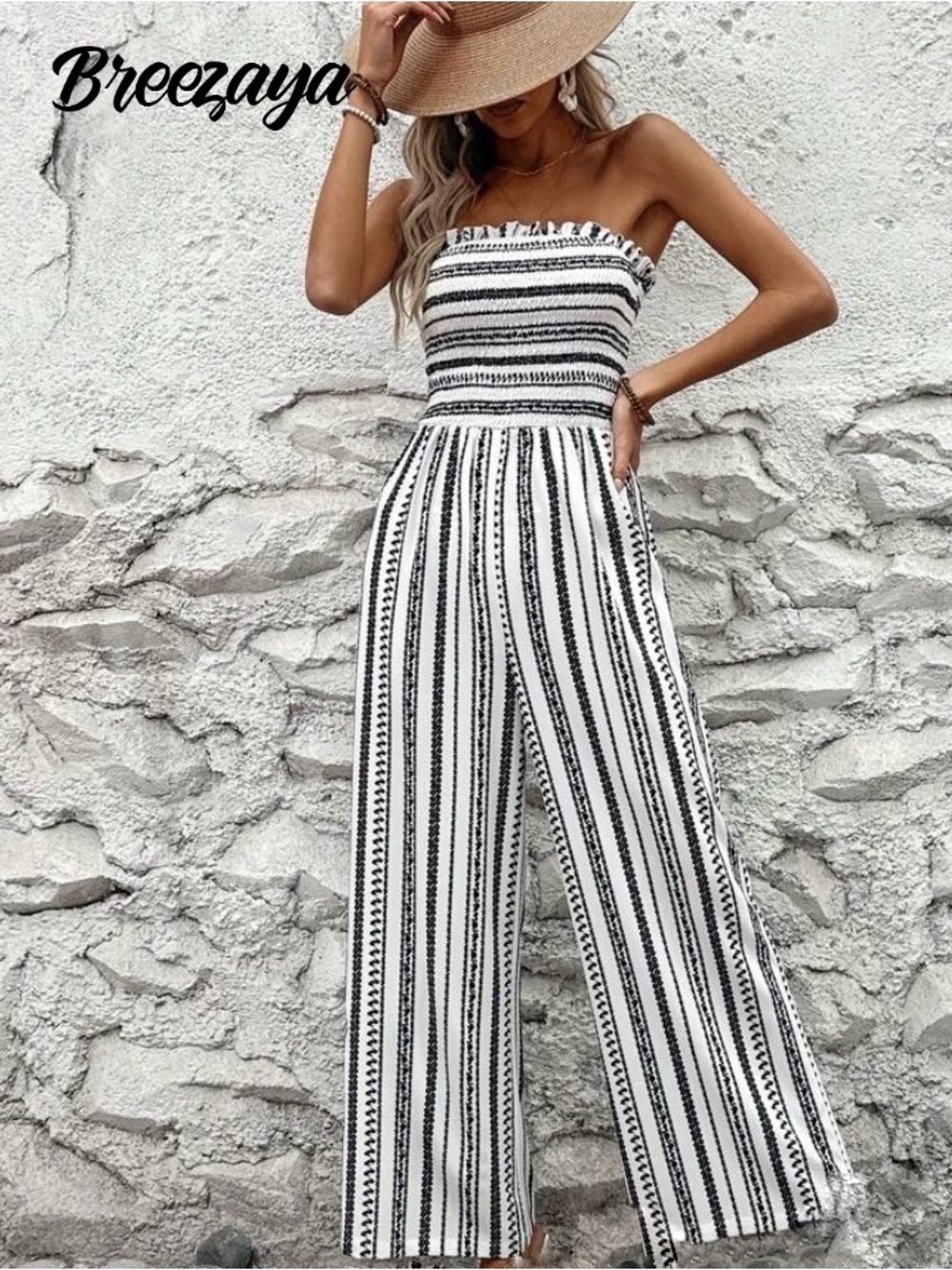 SHEIN VCAY Black & White Strapless Patterned Jumpsuit